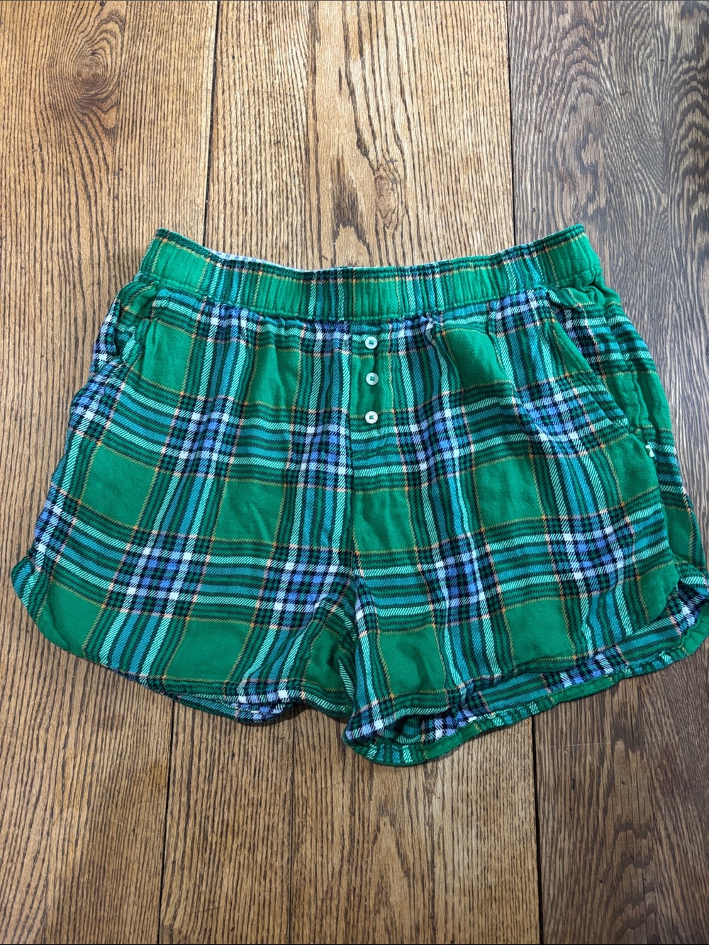 aerie Green Plaid Lounge Shorts with Button Front and Pockets